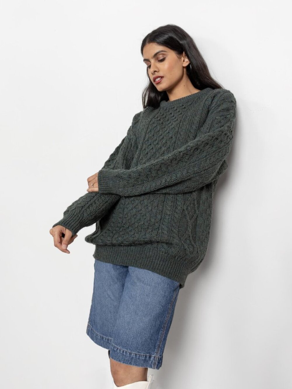 GREEN IRISH WOOL Cable Knit Winter Jumper Crew Neck / Medium - Picture 4 of 10